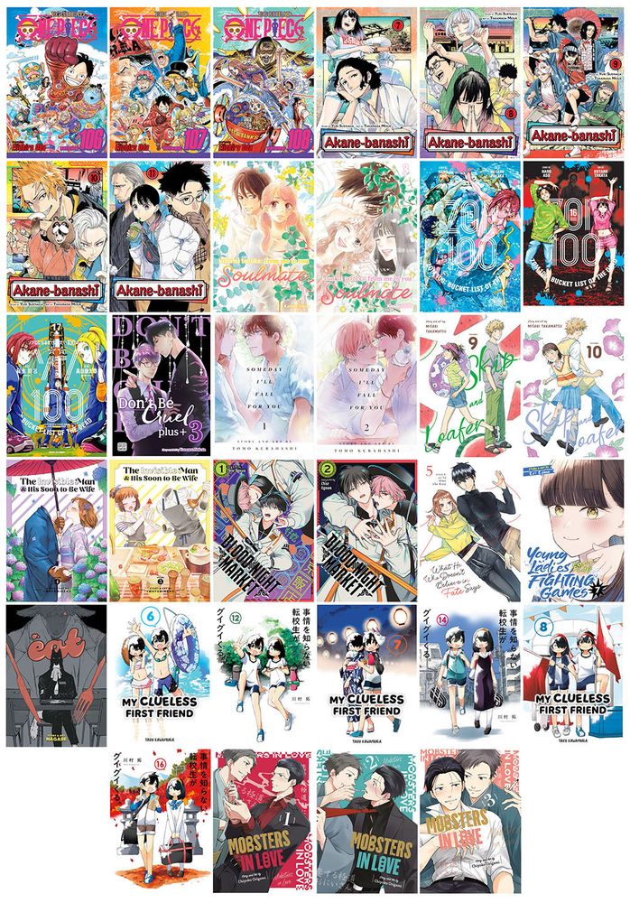 a collection of comic book covers featuring
One Piece vol. 106-108
Akane-Banashi vol. 7-11
Kimi ni Todoke: Soulmate vol. 2-3
Zom 100 vol. 15-17
Don't Be Cruel Plus vol. 3
Someday I'll Fall For You vol. 1-2
Skip and Loafer vol. 9-10
The Invisible Man and His Soon-to-be Wife vol. 4-5
Blood Night Marker vol. 1-2
What He Who Doesn't Believe in Fate Says vol. 5
Young Ladies Don't Play Fighting Games vol. 7
Eat
My Clueless First Friend vol. 6-8 (and Japanese covers for 12, 14 and 16)
Mobsters in Love vol. 1-3