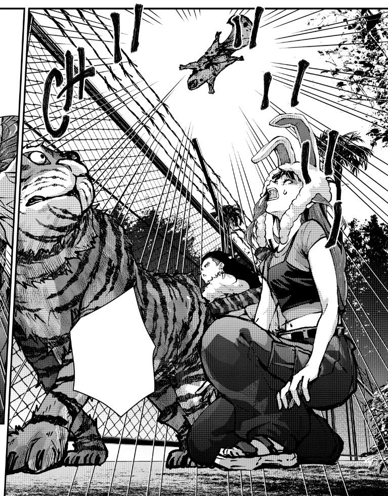 Two women and a tiger are looking up in the sky as a zombie flying squirrel glides toward them.