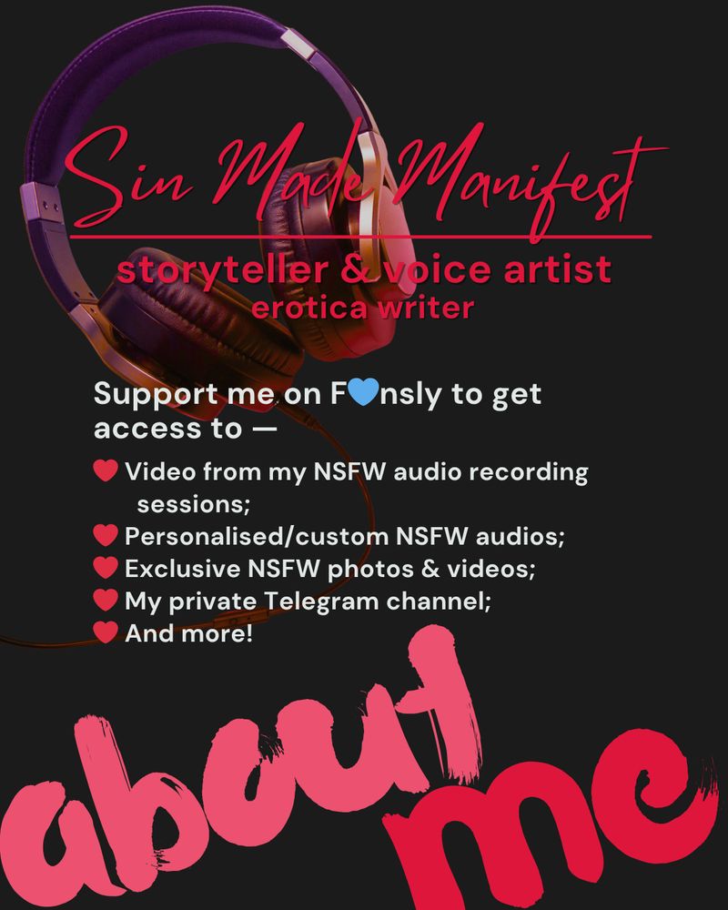 Support me on F*nsly to get access to —
Video from my NSFW audio recording sessions; Personalised/custom NSFW audios; Exclusive NSFW photos & videos; My private Telegram channel; And more!