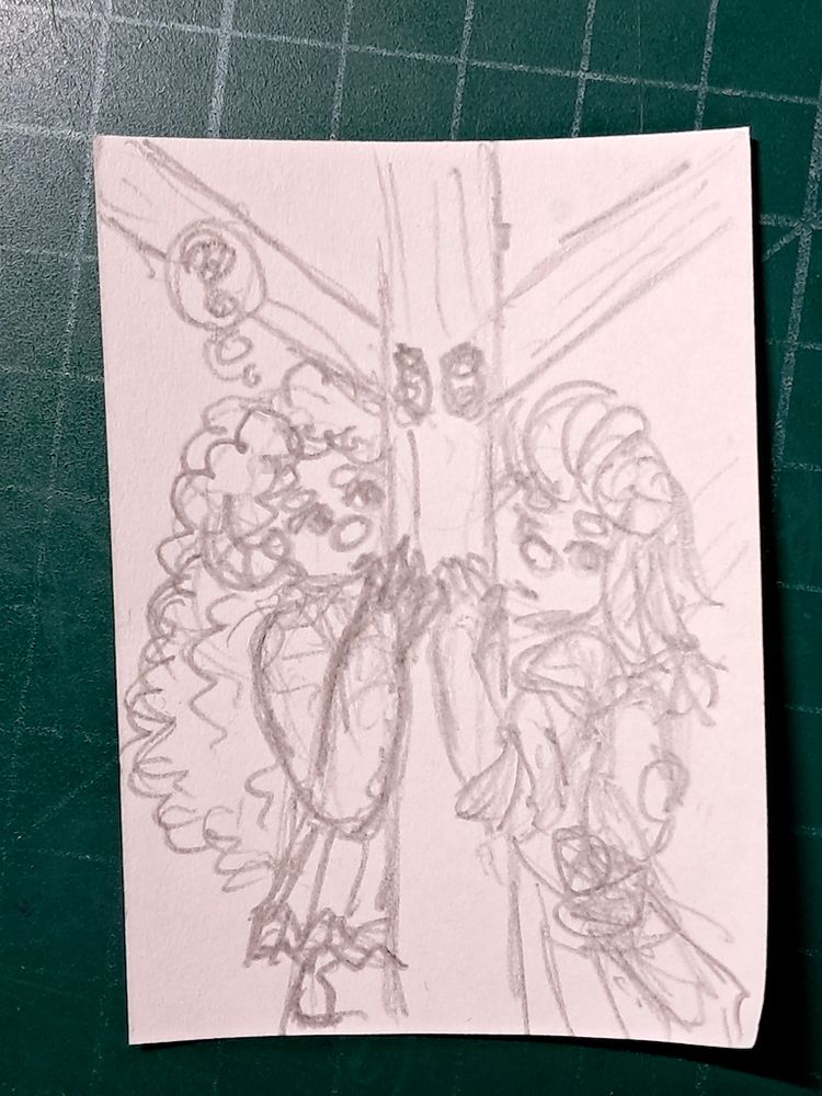 Bélier and Marève spying behind a wood support post ; Marève seems focused while Bélier seems a bit confused.