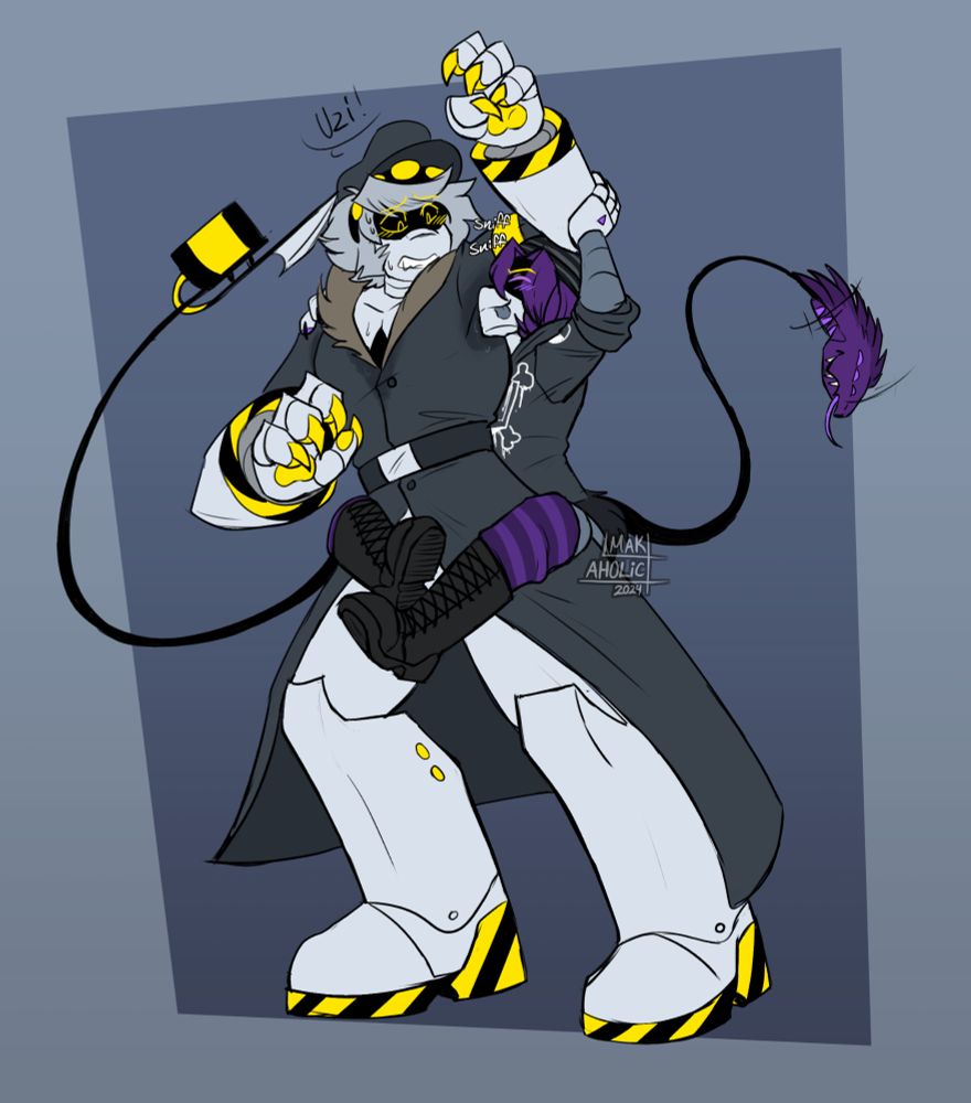 A 2d digital drawing of Serial Designation N and Uzi Doorman from Murder Drones. N has been made into a more animalistic fan design, having claws, a snout, and an overall beefier body. Uzi now also has a snout. N is standing in the center, looking sweaty and leaning off to his right side (towards the left of the image) with his right arm held steady and his left arm being pushed up by Uzi. Uzi is hooked onto N's back, with both of her legs wrapped around N's hips, and Uzi is firmly pushing her face into N's sweaty armpit with a pleased evil expression, while N looks shocked. There is a speech bubble from N that says "Uzi!". Near Uzi's face are some visualization words that say "sniff sniff".