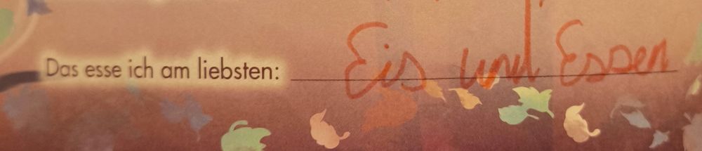 Das esse ich am liebsten:
Eis und Essen. 