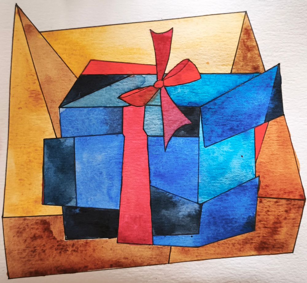 Eine blaue Geschenkschachtel mit roter Schleife auf ockerfarbenem Hintergrund. Das Bild ist im kubistischen Stil gemalt.