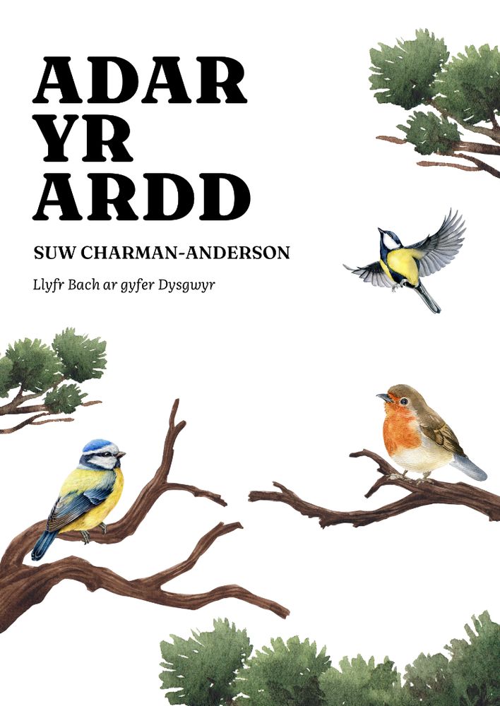 The ebook cover, featuring illustrations of trees with a blue tit, robin and great tit. The text says: Adar yr Ardd, Suw Charman-Anderson, Llyfr Bach ar gyfer Dysgwyr.