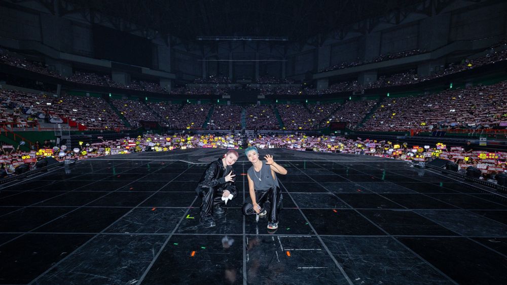 hoshi and woozi posing on stage with carats in the background