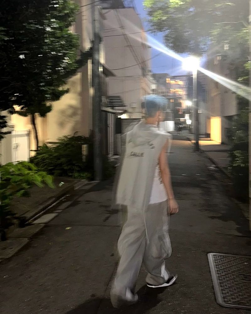 blurry photo of hoshi walking outside at night