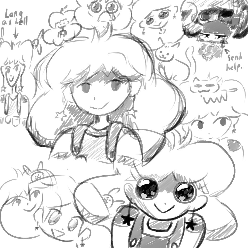 A page of sketches of Abbie from Mindwave! (And also a couple of cats)