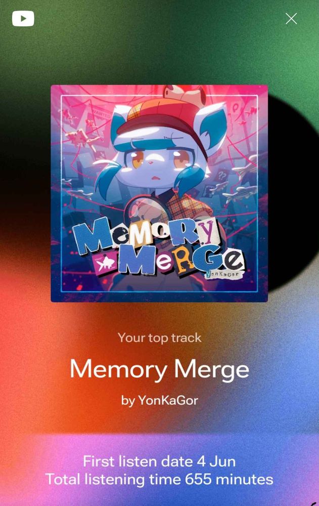 The top track of a YouTube Music Recap for 2024. The music is Memory Merge by YonKaGor, which was first listened to on the 4th of June and in total has been listened to for 655 minutes, or almost 11 hours.