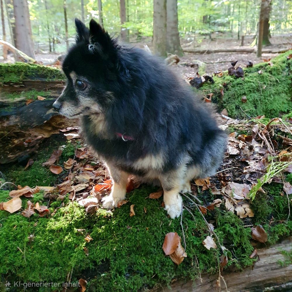 Spitzhündin auf bemoosten Baumstamm. Leine. Mit KI entfernt