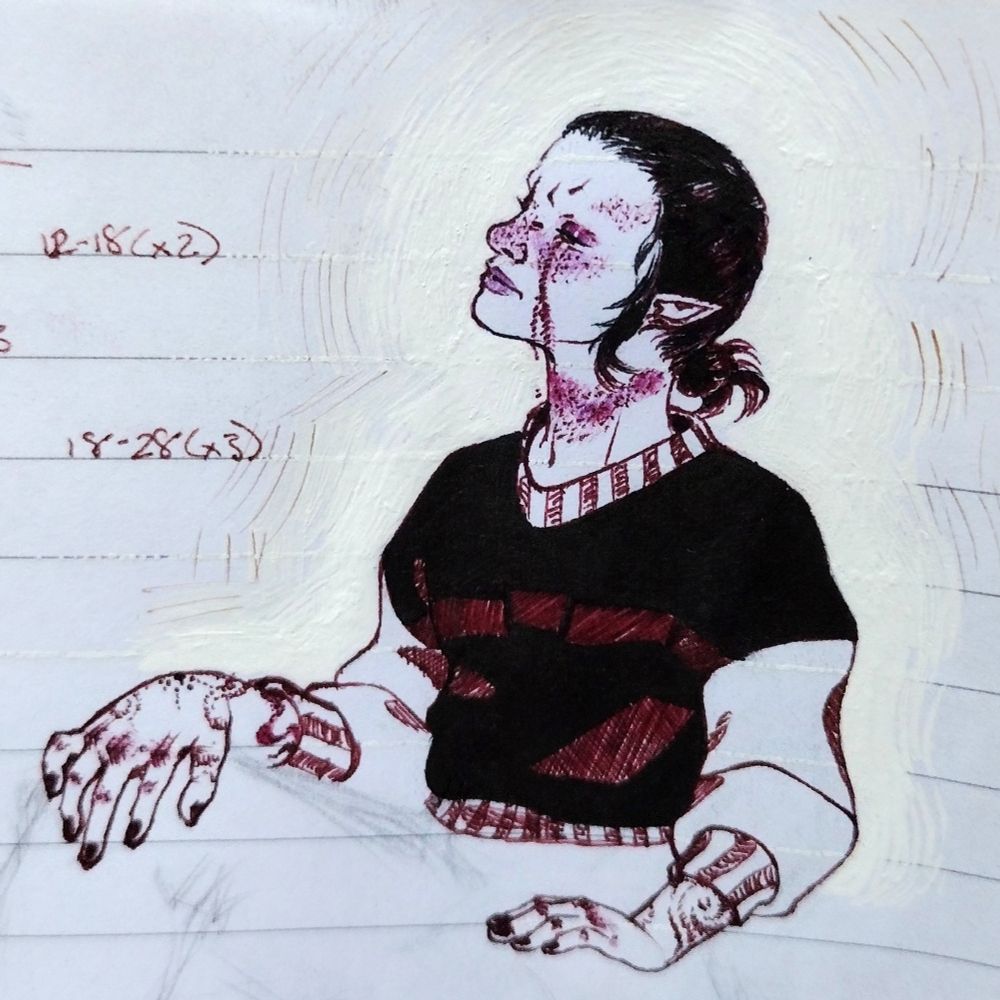 Drawing of a person with skin abrasions and bruising choking down a sob