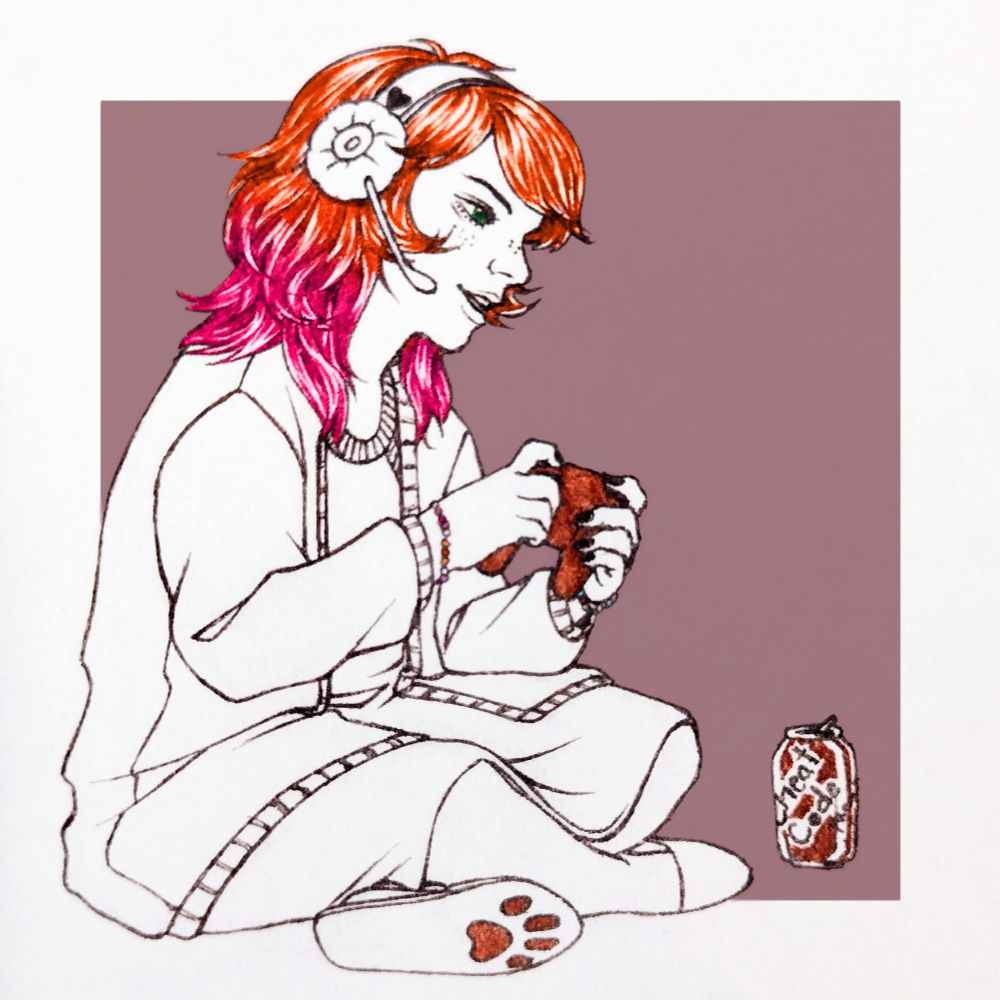 A cute girl with orange and pink hair video gaming with a wireless controller while wearing over ear headphones, a can of soda labelled 'cheat code' next to her