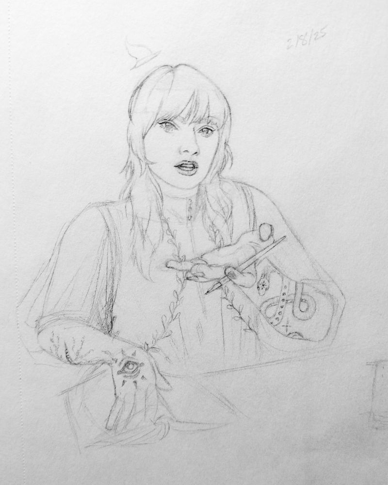A person of indeterminate gender raising their hand to gesture you while conversing. They have tattoos, a curse mark, and very puffy rolled up sleeves.