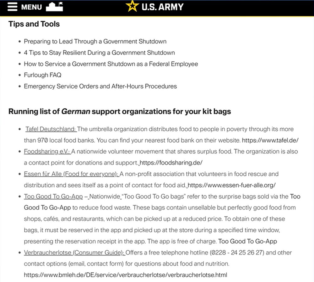 The US Army posted a list of food banks in Germany because service members are not being paid during a shutdown.