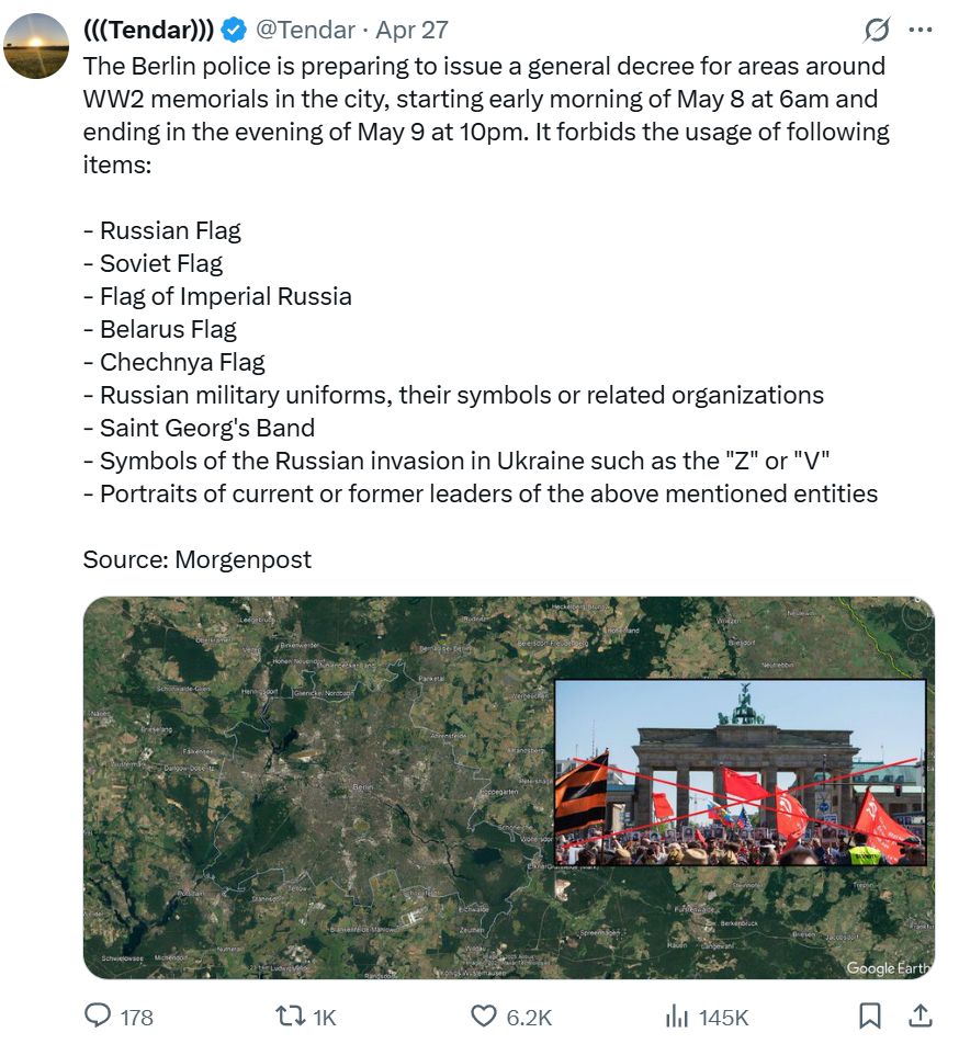 The police issued a general decree for areas around WW2 memorials in the city for May 8 and 9. Forbidden are Russian, Belorussian, Chechen and Soviet flags, Russian military uniforms, Symbols of the Russian invasion of Ukraine like "Z" or "V". Forbidden are also portraits of current and former leaders of the above mentioned entities.