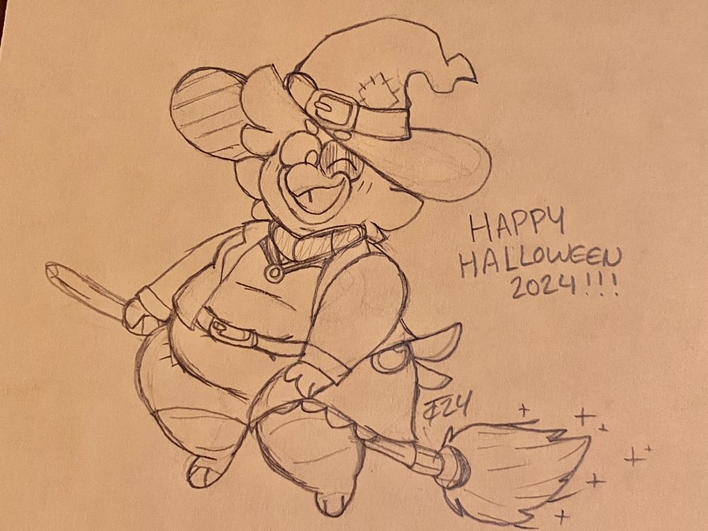 A sketch of a fat bird named Arial in a witch costume flying on a broomstick, winking mischievously at the viewer