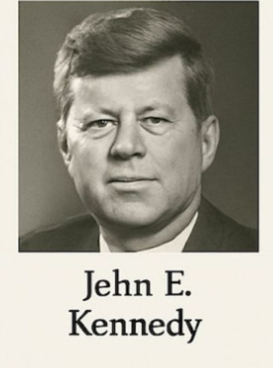 AI generated picture that vaguely resembles President JFK, but if he were older and also had a totally different jaw and chin, labeled Jehn E. Kennedy