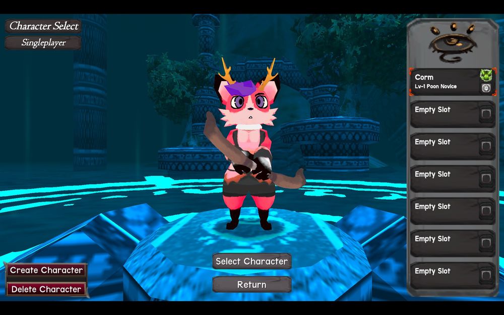 Screencap of a character I made in the game "Atlyss" A pinkish-red fox-like furry with a tuft of purple hair, antlers, holding a bow. 