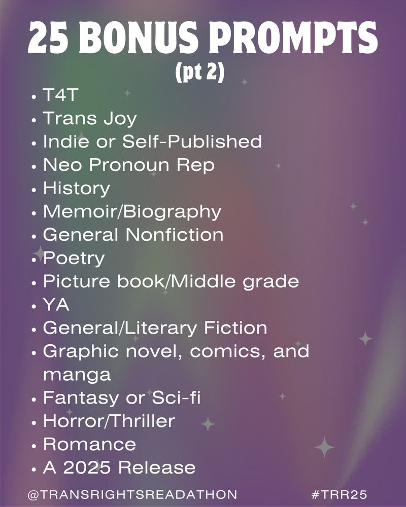 Slide 4: Bonus Prompts Part 2/2. - T4T. - Trans Joy. - Neopronoun Rep. - History. - Memoir/Biography. General Nonfiction. - Poetry. - Picture Book/Middle Grade. - Young Adult. - General/Literary Fiction. - Graphic novels, Comics, and Manga. - Fantasy or Sci-fi. - Horror/Thriller. - Romance. - A 2025 Release.