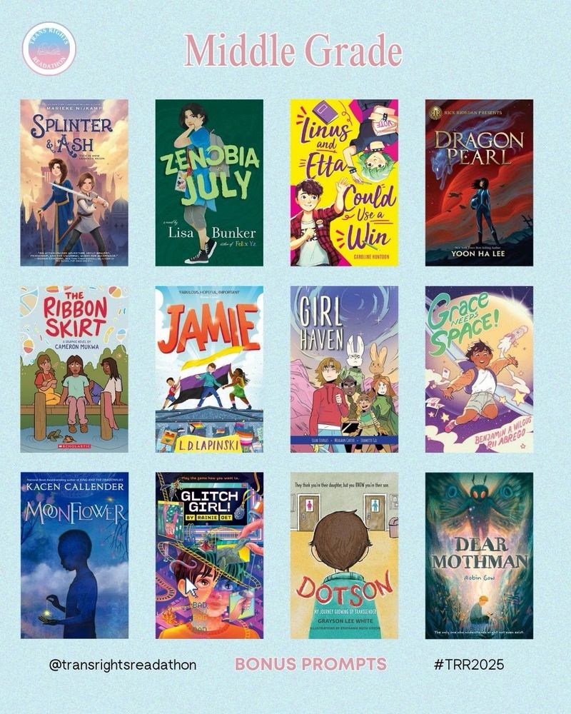Slide 3: Book Recs 2/2: Splinter & Ash by Marieke Nijkamp. Zenobia July by Lisa Bunker. Linus and Etta Could Use a Win by Caroline Huntoon. Dragon Pearl by Yoon Ha Lee. The Ribbon Skirt by Cameron Mukwa. Jamie by L.D. Lapinski. Girl Haven by Lilah Sturges & Meaghan Carter. Grace Needs Space by Benjamin A. Wilgus and Rii Abrego. Moonflower by Kacen Callender. Glitch Girl! by Rainie Oet. Dotson by Grayson Lee White. Dear Mothman by Robin Gow.