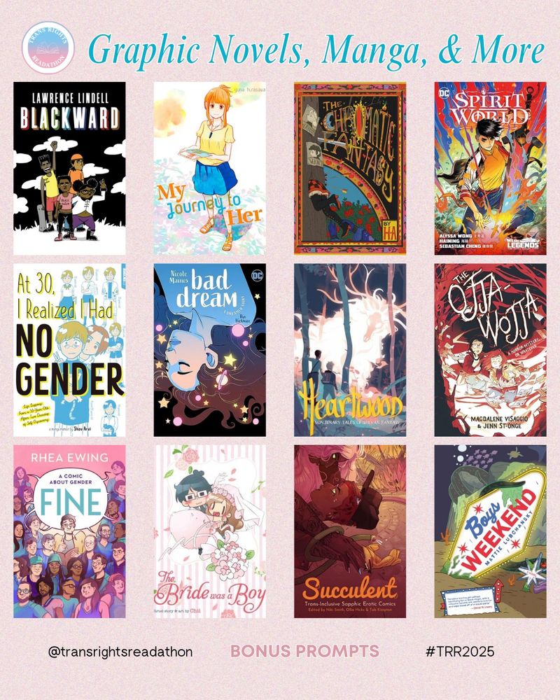 Book Recs 3/4: Blackward by Lawrence Lindell. My Journey to Her by Yuna Hiraswa. The Chromatic Fantasy by H.A. Spirit World by Alyssa Wong, Haining, and Sebastian Cheng. At 30, I Realized I Had No Gender by Shou Arai. Bad Dream by Nicole Maines & Rye Hickman. Heartwood: Non-Binary Tales of Sylvan Fantasy, an anthology. The Ojja-Wojja by Magdalene Visaggio and Jen St-Oje. FINE by Rhea Ewing. The Bride was a Boy by Chii. Succulent, an anthology. Boys Weekend by Mattie Lubchansky.