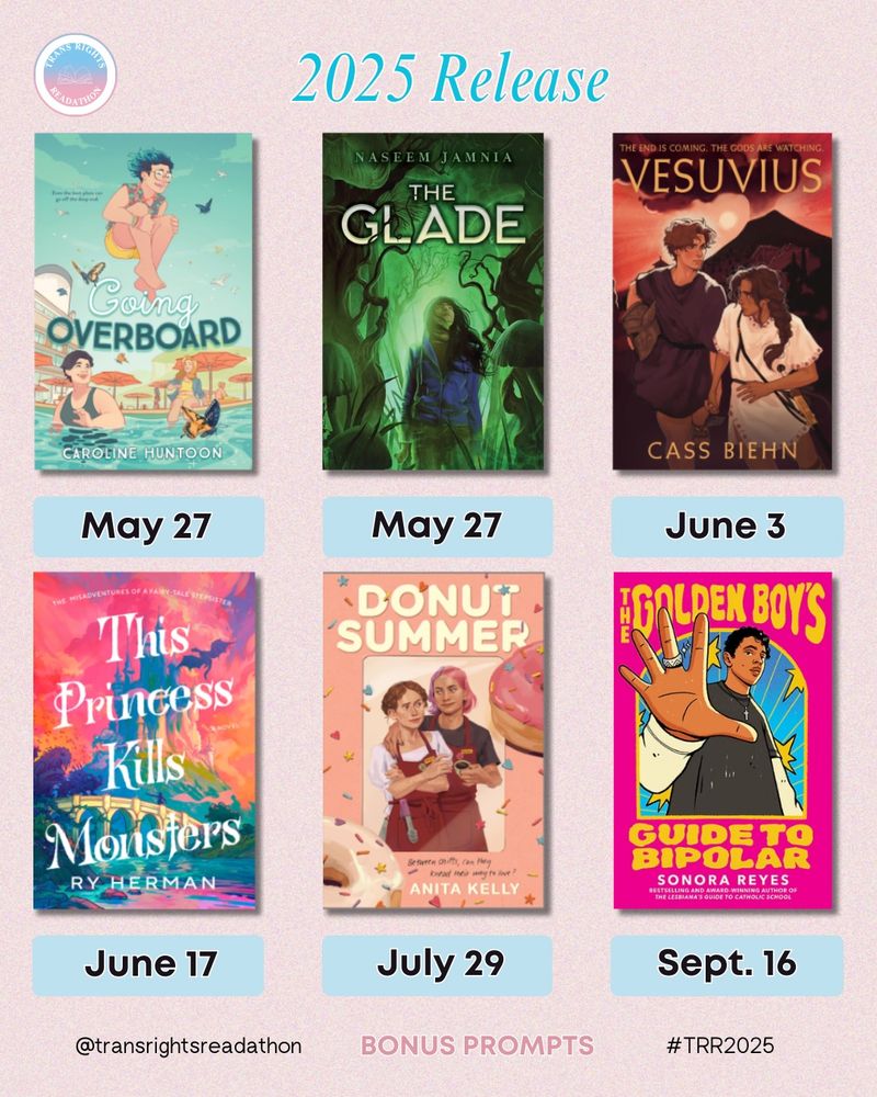 Slide 4: Book Recs 3/3: Going Overboard by Caroline Huntoon (May 27). The Glade by Naseem Jamnia (May 27). Vesuvius by Cass Biehn (June 3). This Princess Kills Monsters by Ry Herman (June 17). Donut Summer by Anita Kelly (July 29). The Golden Boy’s Guide to Bipolar (September 16).