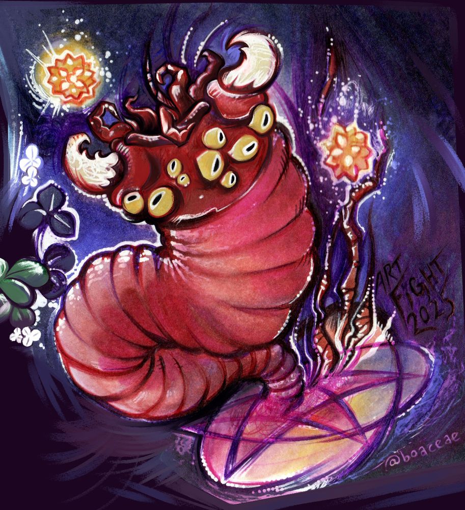 Drawing of a bobbit worm -like OC belonging to birbbeans on AF.
Its appearance is similar to a bobbit worm, reddish coloration mostly and with many yellow eyes, on an abyss-purple background.
I've drawn it bursting out of its summoning circle with a couple of glowing, geometric star shapes.
(There are also some bleed-over clovers from another drawing to the left, oops...)