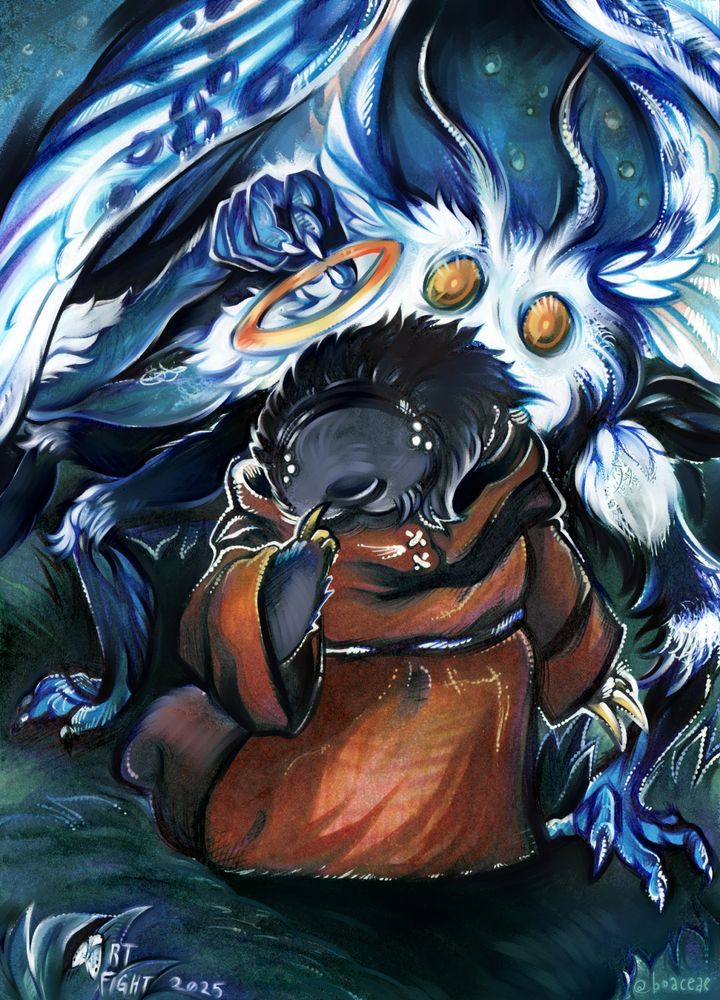 Drawing of a woolybear caterpillar + monk OC belonging to ascalaphid on AF.
The character, Brother Mo, is dark grey with hints of orange-brown, like the caterpillars it's based on. He has three sharp little claws (representing the walking legs of a caterpillar, but being more functional for a monk I guess,) and wears a tan monk's robe.
He is drawn pondering with one thinking finger at his face, while a mothman lurks behind. The mothman is based on the giant leopard moth, and is holding a yellow-orange halo above Mo. (The mothman isn't canon at all, I just thought it would be a cool addition to this drawing.)
Background is an outdoorsy, night scene, vague grassy shapes and a dark sky with some stars; mostly blues, teals, and greens.