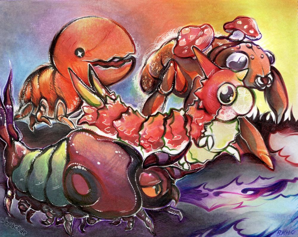 This piece of art is for the Wurmpril 2025 prompt "bug friends."

The artwork has three bug-Pokémon friends hanging out with wurmple. They are all right-facing, and walking: venipede is to wurmple's right, trapinch at the back, and paras to wurmple's left.
The background is a pastel-ish sunset (from left to right: blue, purple, pink, orange, and yellow,) and the ground beneath them is vague grassy shapes of the same colours, just darker and greyer.