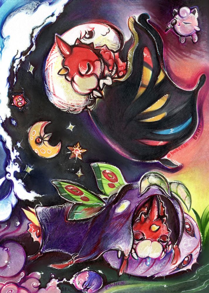 This piece of art is for the Wurmpril 2025 prompt "nap time."

The artwork features two sleeping Wurmples. The middle, pupal evolutions, Silcoon and Cascoon, are drawn as pillows; and, the final, adult-bug evolutions, Beautifly and Dustox, are drawn as blankets.

In the top drawing, a Wurmple is sleeping on its back-and-side with the Silcoon pillow under its head and the Beautifly blanket pulled up under its first set of legs. The overall appearance is meant to resemble drifting away to sleep.
In the bottom drawing, another Wurmple sleeps on its stomach with the Cascoon pillow under its head and the Dustox blanket pulled over itself like a little blanket-hood; the Wurmple is drooling as it sleeps. The appearance is meant to depict the after-you-crash nap.

The background is a gradient (from left to right) of dark-black night sky and evening pastel-ish sunset, and the ground beneath the lower Wurmple is green and vaguely grassy.

Additional Pokémon featured are:
Jigglypuff singing in the top right,
Minior, Lunatone, and Staryu floating in the night sky portion (left side of art mostly) as spacey-nighttime objects,
and Musharna, bottom-center of the art, producing its sleepy pink-purple clouds.
