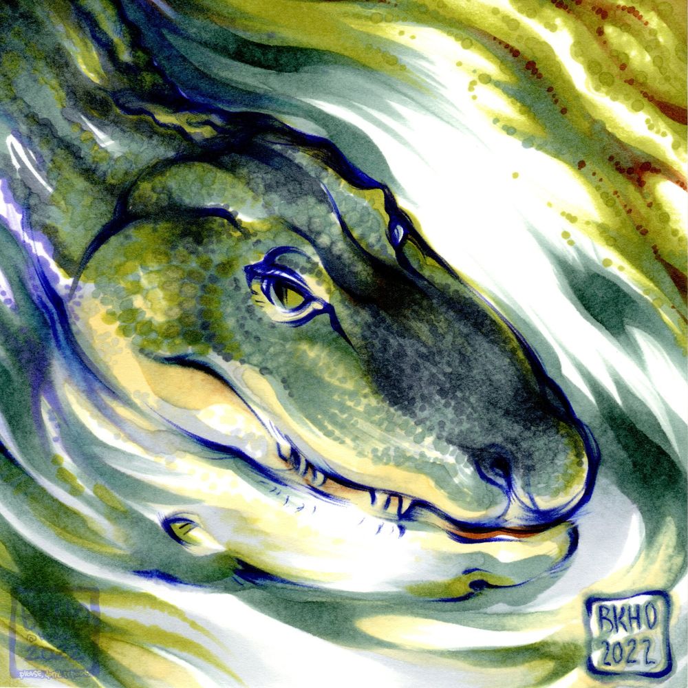 An ink drawing done with ballpoint pen and markers featuring an American alligator waiting at the water's surface, mostly the gator's head; its reflection in the water.
Both contour lines and stippling were utilized for the drawing.
Chartreuse and grey-greens are the main colors, with hints of copper-brown to further tie in the implied swamp habitat surrounding the gator. There is vague dark blue lineart to emphasis the gator.