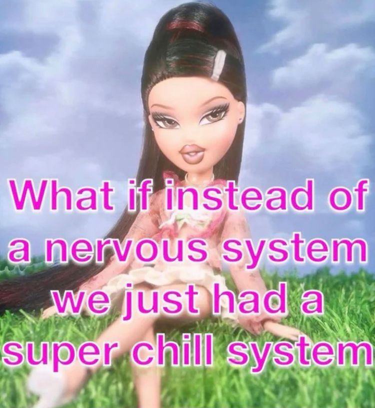 Picture of a Bratz doll sitting on some grass with text: “What if instead of a nervous system we just had a super chill system”
