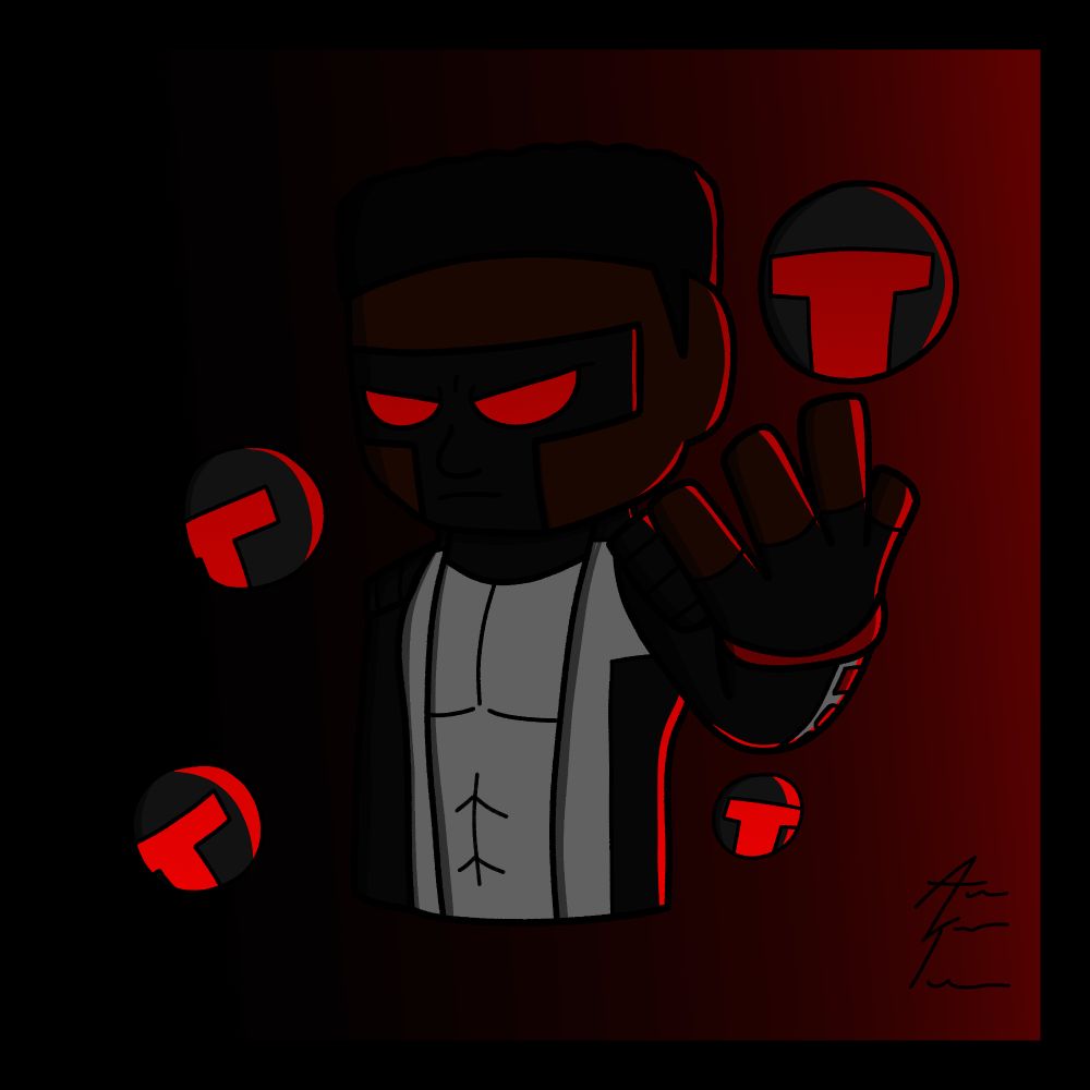 Mr. Terrific/Michael Holt surrounded by his T-Spheres, coded in dark red lighting.