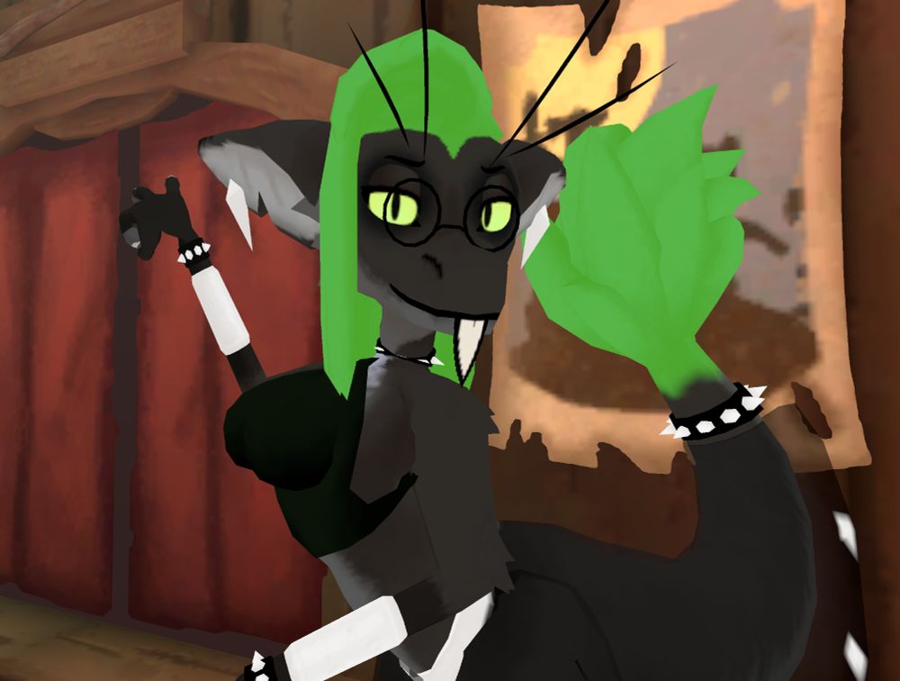 A monochromatic yinglet with bright green hair wearing silver bracers, anklets, and a black skirt and top. They have additional spiked bands around their neck, wrists, ankles, and tail. They stand with one hand raised and their body angled perpendicular to the camera with half-lidded eyes looking directly at the viewer.