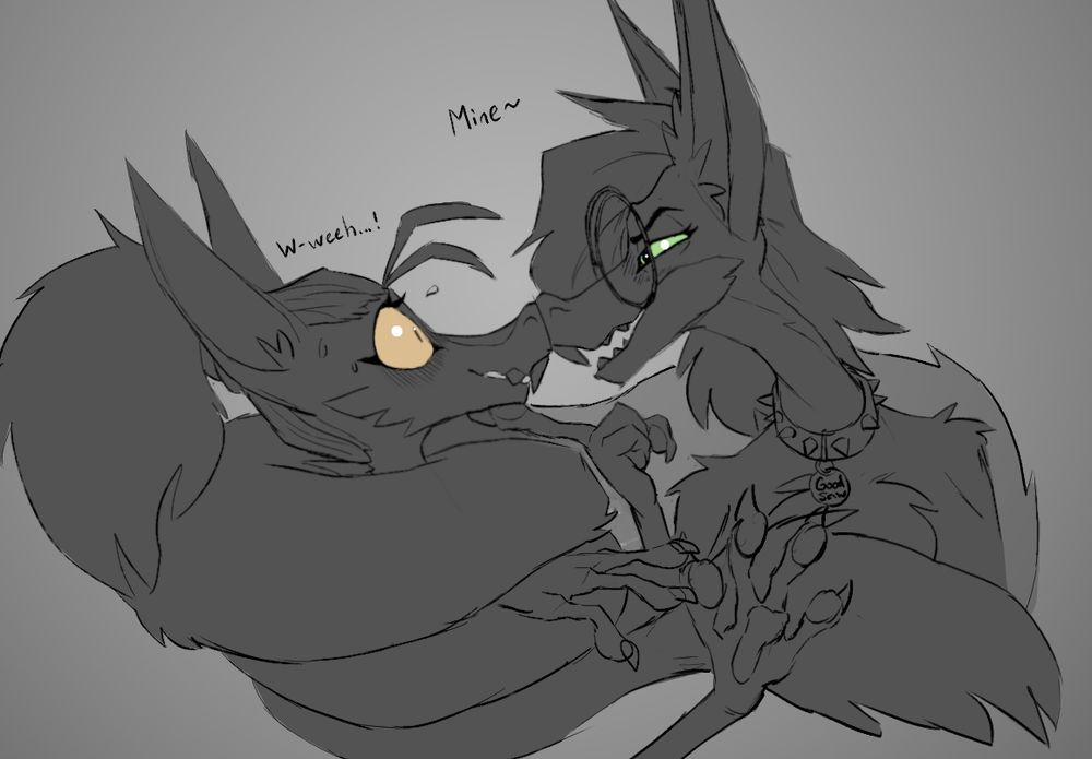 Monochromatic sketch of two yinglets - Blocky, a yinglet with a long ponytail and little tufts of extra hair strands on their head on the left, and Hypo, a yinglet with side-swept long hair, glasses, and a collar that reads "GOOD SCAV" on a pendant. Hypo has its fingers underneath the chin of the other yinglet, and is holding their head steady while keeping their body wrapped up in an entirely too-big and too-long tail.

Hypo is remarking "Mine~" while Blocky is producing a nervous "W-weeh...!"