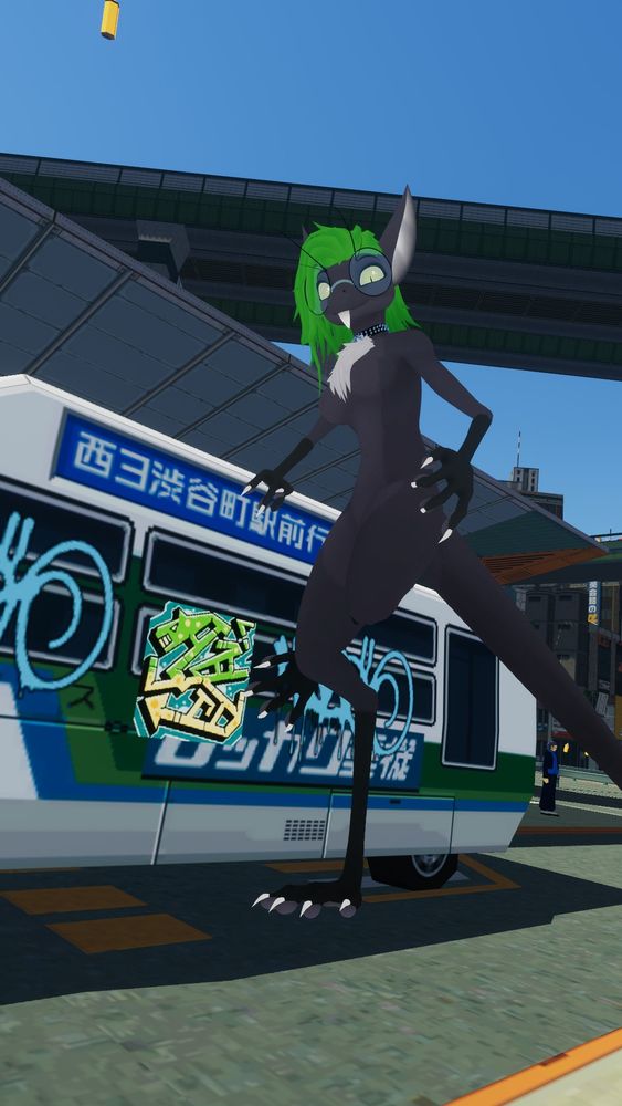 A monochromatic grey yinglet with bright green hair looks at the viewer with a slight smile while leaning against a transport bus that the yinglet is taller than.