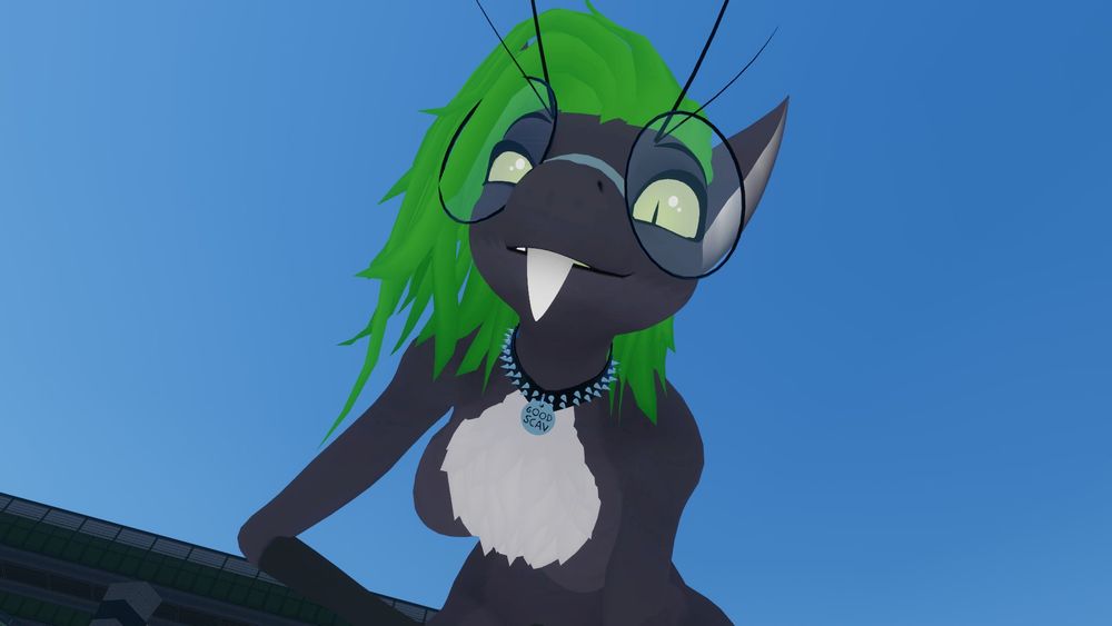 A monochromatic grey yinglet with bright green hair looks over its own snout and down at the viewer.