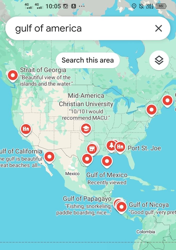 Google Map of USA and central America indicating search results for "gulf of America" in over a dozen widespread locations, the Gulf of Mexico (so labelled) being just one.