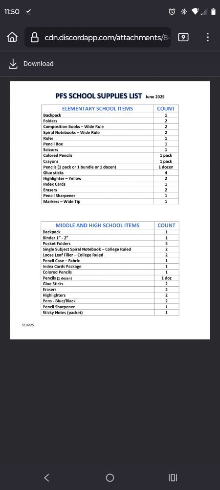 Image of a 2025 school supply list. It is the item followed by the quantity 

[I apologize if this is not the correct way to format such a list for screen readers, please let me know in the comments if this is relevant or helpful info]

PFS SCHOOL SUPPLIES LIST  June 2025
ELEMENTARY SCHOOL ITEMS
COUNT
Backpack
1
Folders
2
Composition Books – Wide Rule
2
Spiral Notebooks – Wide Rule
2
Ruler
1
Pencil Box
1
Scissors
1
Colored Pencils
1 pack
Crayons
1 pack
Pencils (1 pack or 1 bundle or 1 dozen)
1 dozen
Glue sticks
4 
Highlighter – Yellow
2
Index Cards
1
Erasers
2
Pencil Sharpener
1
Markers – Wide Tip
1



MIDDLE AND HIGH SCHOOL ITEMS
COUNT
Backpack
1
Binder 1” - 2”
1
Pocket Folders
5
Single Subject Spiral Notebook – College Ruled
2
Loose Leaf Filler – College Ruled
2
Pencil Case – Fabric
1
Index Cards Package
1
Colored Pencils
1
Pencils (1 dozen)
1 doz
Glue Sticks
2
Erasers
2
Highlighters
2
Pens - Blue/Black
2
Pencil Sharpener
1
Sticky Notes (packet)
1

