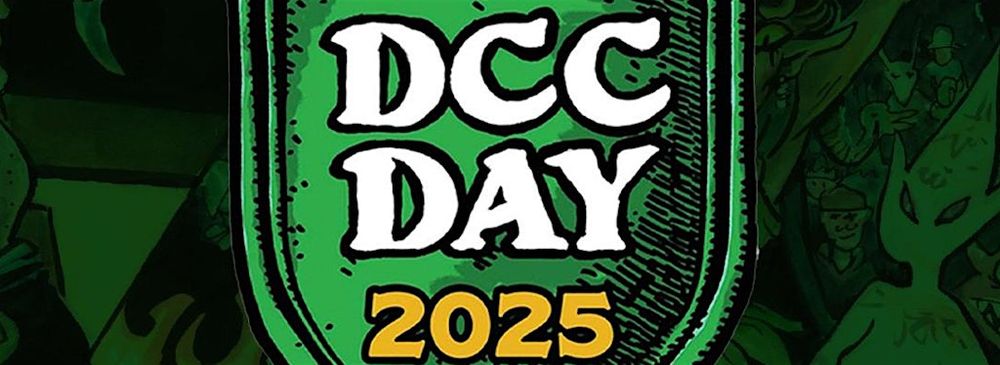 Logo for DCC Day 2025: A shield on an indistinct fantasy illustration. The entire banner is green except for the 2025 text, which is gold.
