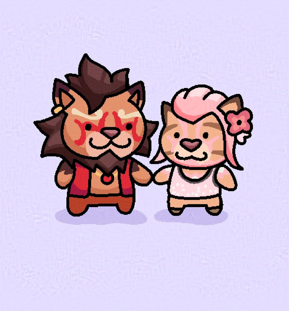 couple
An artist commission by Stomps Yeen. Two male Hrothgars "chibi-fied" hold arm nubs and stand close together. One taller, dark fur and in red. The other shorter, pink and soft colors, adorned in flowers.