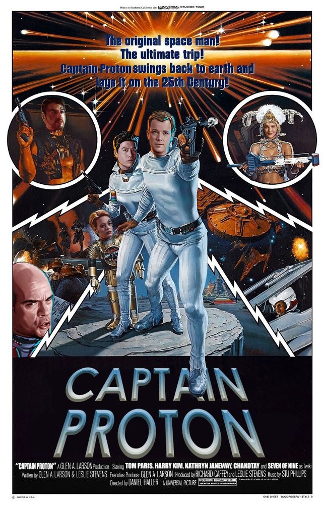 A parody of the Buck Rogers movie poster from 1979, reimagined as if it was a Captain Proton movie, complete with Tom, Harry, Janeway and the rest, along with Seven as Twiki for some reason.