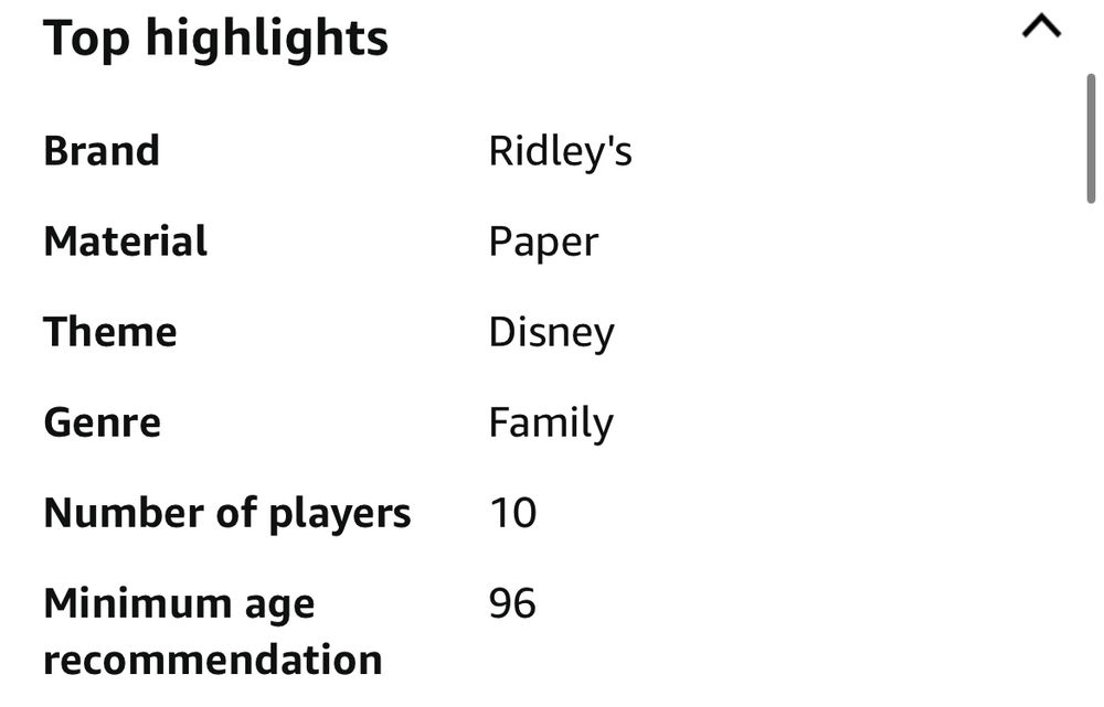 Screenshot of amazon product details with minimum age of 96 for a Disney family game