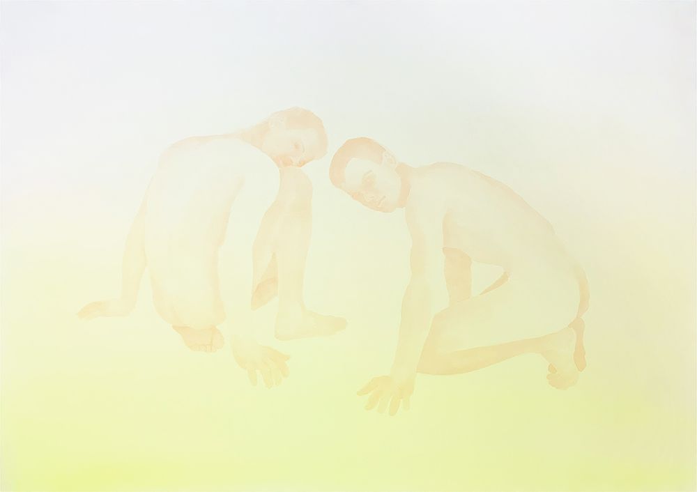 Watercolor painting representing 2 naked men set down on the floor in yellow colors shades