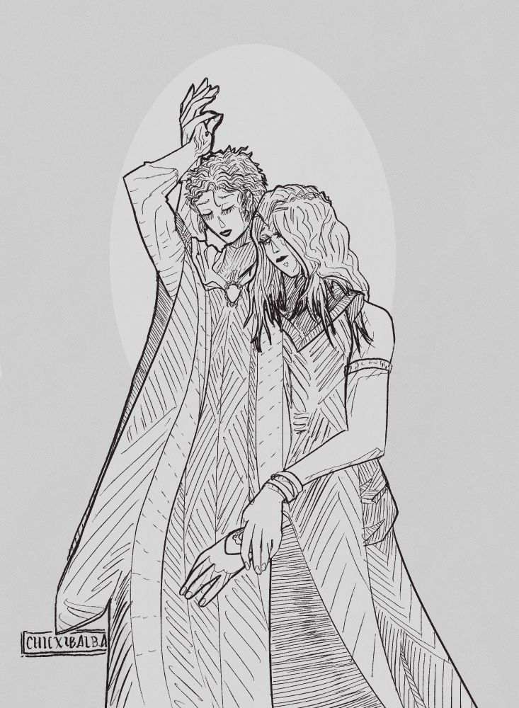 Rennala is embraced by Marika from behind. The shorter Marika holds Rennala's hands and gazes up toward her contently while Rennala allows her to, eyes shut. Both characters are from Elden Ring.