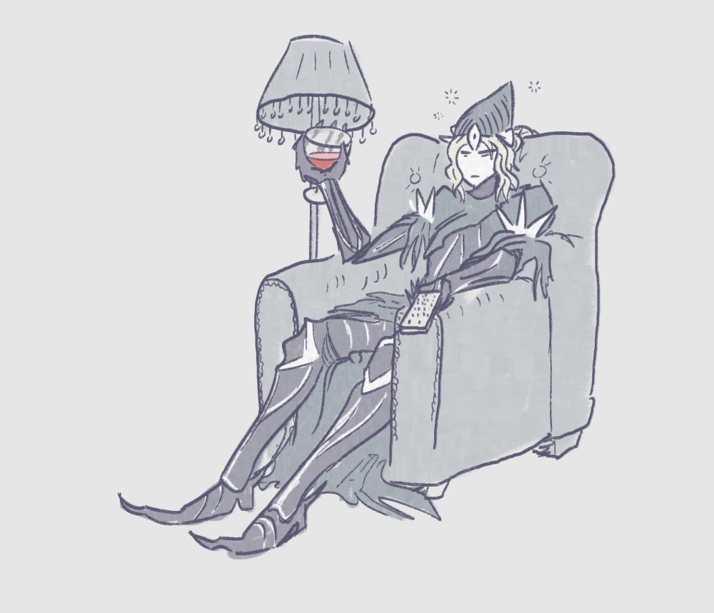 Lord's Blade Ciaran from Dark Souls lounging on a chair, TV remote in one hand and glass of red wine in the other. She looks tired and annoyed even behind her mask.