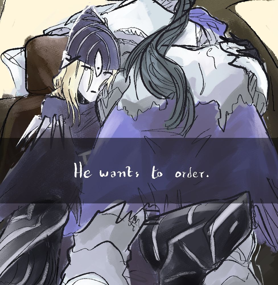 Lord's Blade Ciaran and Knight Artorias pose in the style of the "She wants to order" meme. Ciaran holds the camera and sits back as Artorias leans over her, butt toward the camera as he talks to the guy at the pickup window. Above them both is the caption, "He wants to order."