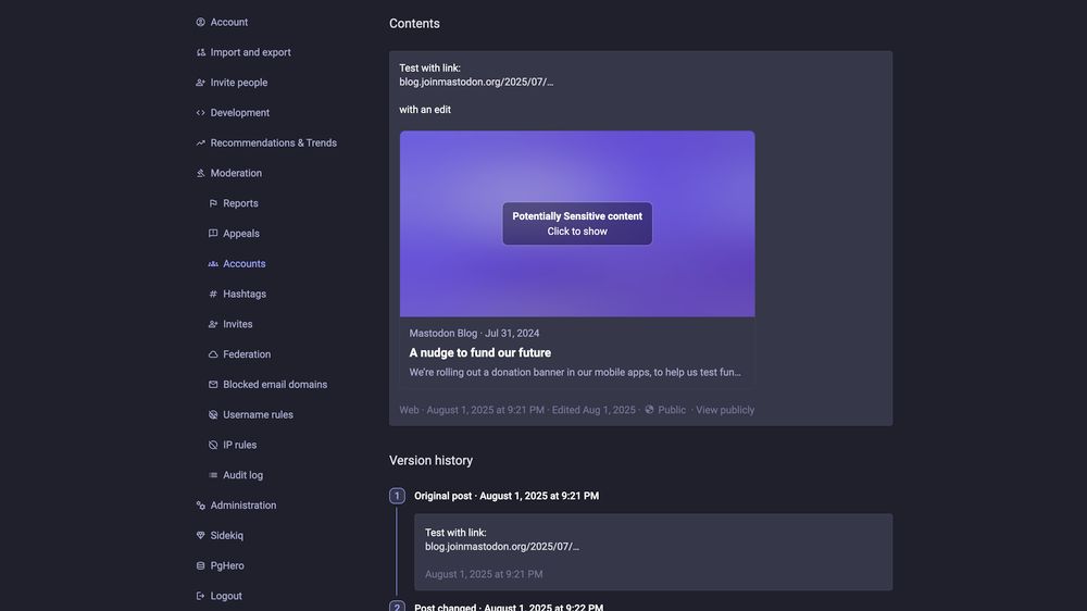 Screenshot of an individual status in the Mastodon Moderator UI, showing a rich preview card, but the open graph image is blurred out for safety.