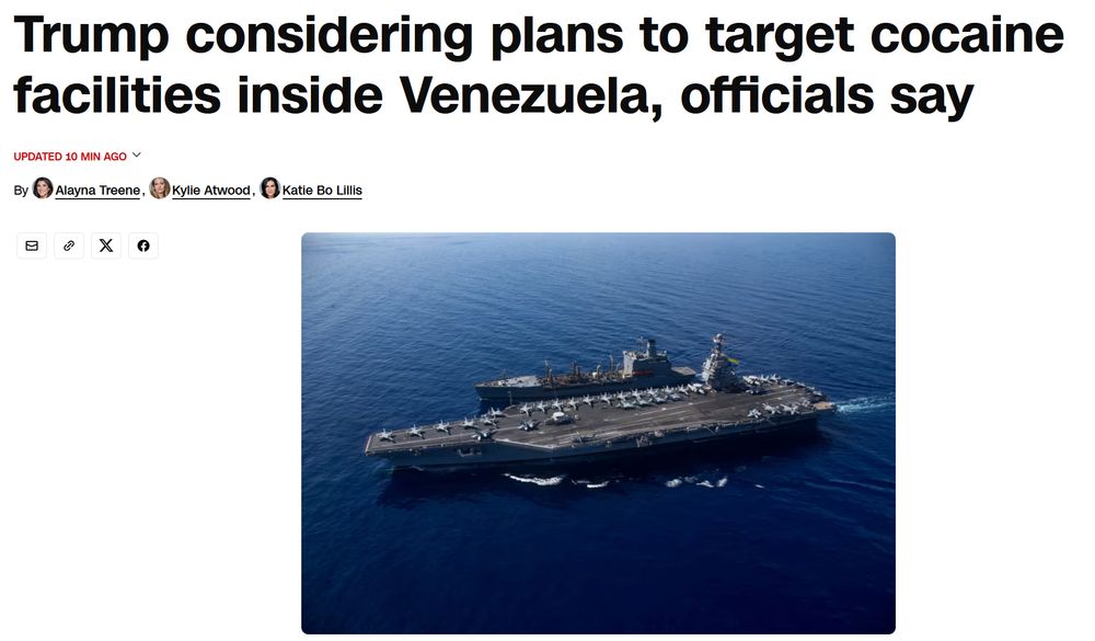 CNN headline from 10/24/2025 stating "Trump considering plans to target cocaine facilities inside Venezuela, officials say"