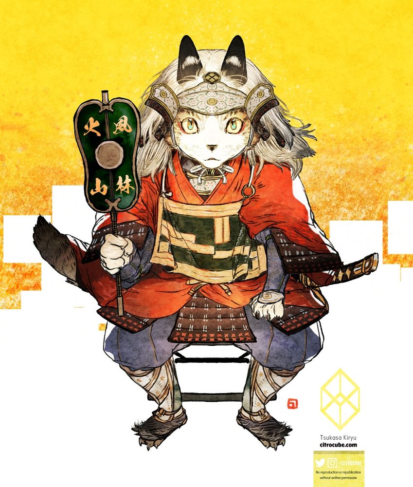 兜と甲冑をまとい、風林火山の軍配を掲げ床几に座る武田信玄（キジ（トラ）シロ