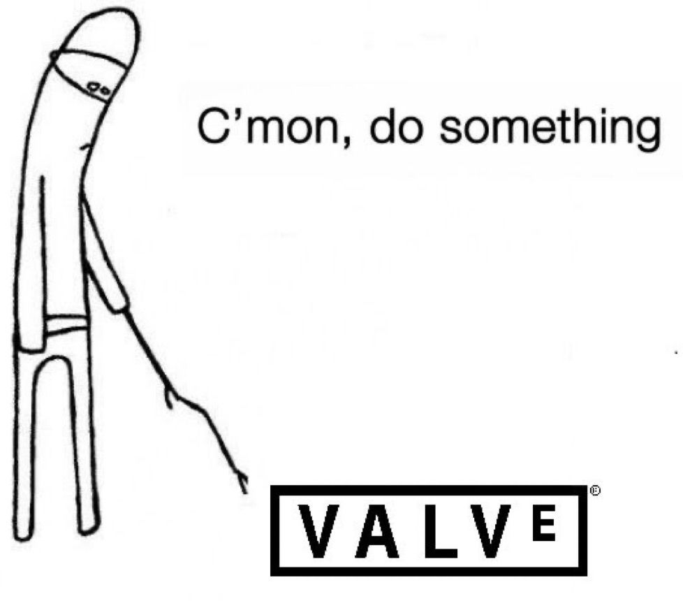 Cartoon drawing of a stick figure holding a stick towards the Valve logo with the caption “C’mon, do something”